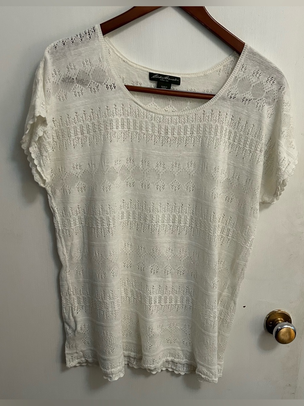 Eddie Bauer Crochet Lace Shirt Top Linen Blend Women XL Cream Sheer Boho Coastal
